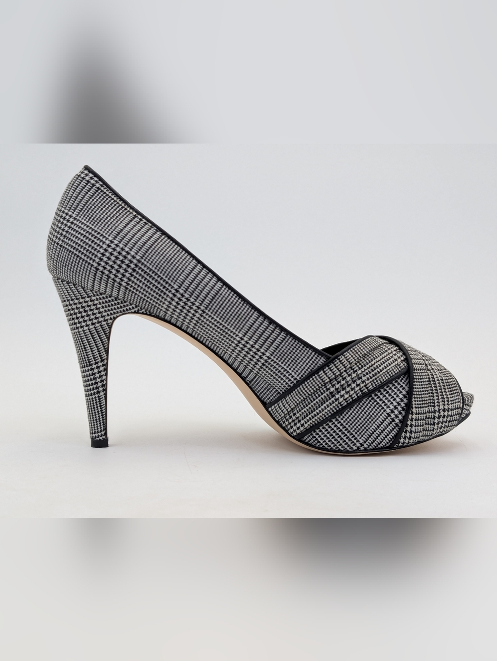 Talbots Sz 9.5M Plaid Black & White Textile Uppers Peep-Toe Crisscross Stiletto - Picture 4 of 17